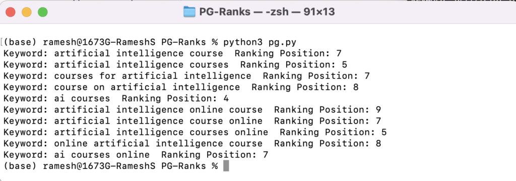 Keyword Ranking output using python